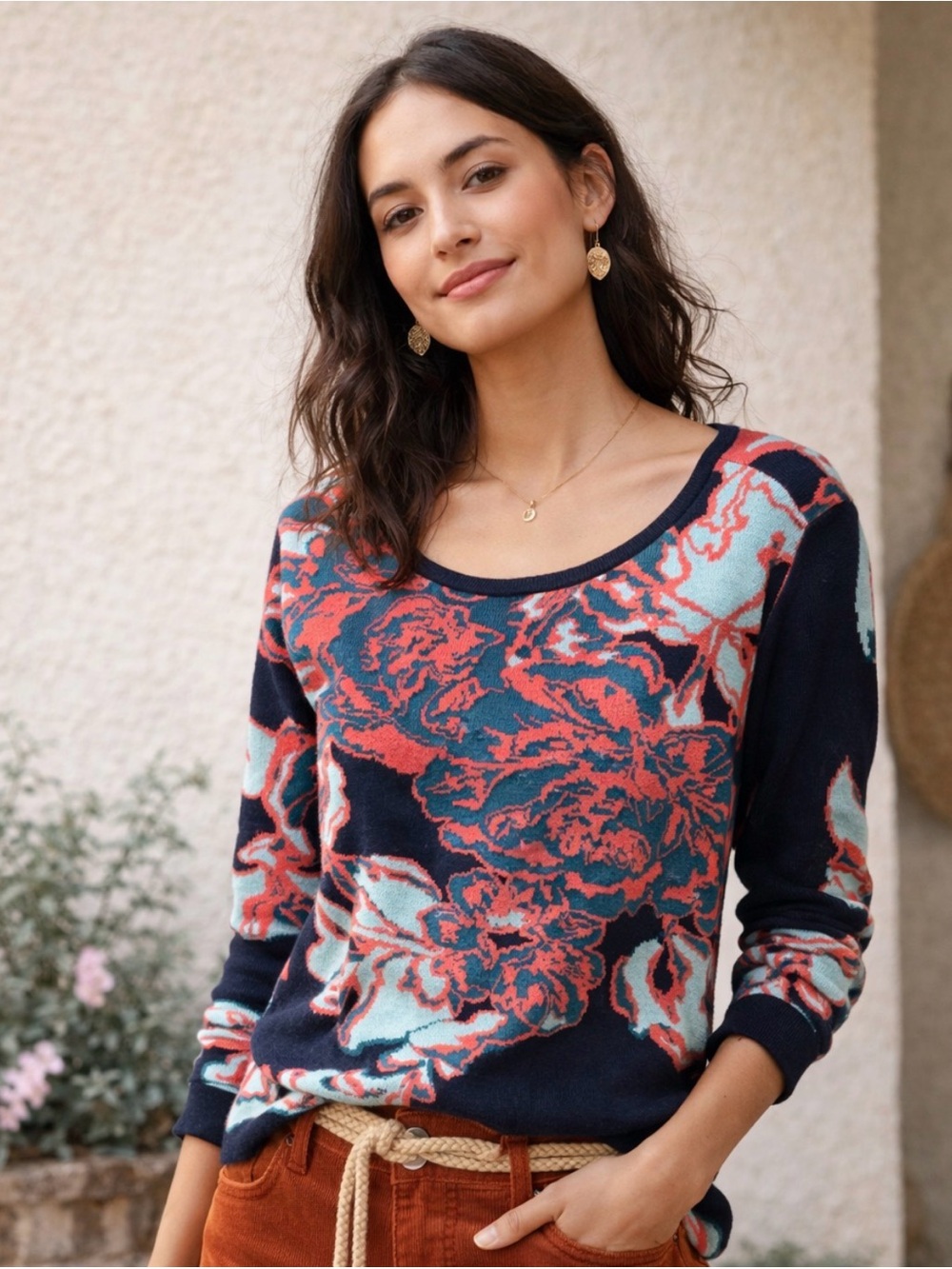 Soft‎ Surroundings Dark Romantic Floral Knit Top Sweater Large Boho Preppy